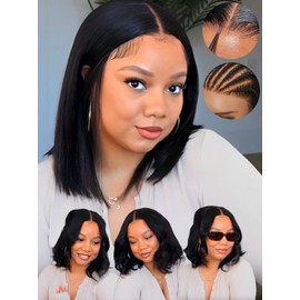 KLAIYI Yaki Straight Bob Wig Bye Bye Knots Glueless Pre Everything 13x4 Lace Frontal Wigs Human Hair Pre Cut Pre Plucked Pre Bleached Put On and Go Wigs for Beginners 30S Easy to Wear Kinky Wig 12Inch