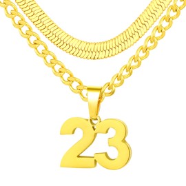 KLIFOWDY Number Necklace, Layered Necklace for Men, Number Necklace for Boy Athlete, 18+20 In Gold Chain for Men With Number 23 Pendant, Basketball Football Baseball Number Necklaces for Boys