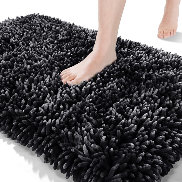 Yimobra Luxury Chenille Bathroom Rug Non-Slip, Extra Soft and Comfortable Bath Mat, Shaggy Rugs Plush Carpet Floor Mats, Super Absorbent and Thick, Machine Washable, 31.5 x 19.8 Inches, Black