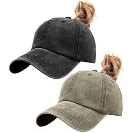 LCZTN FASHION 2 Pack Womens Vintage Washed Distressed Baseball-Cap with Ponytail Hole Sport Golf Hat (Black+Khaki)