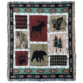 EZ.enjoy Geometric Lodge Woodland Moose Bear Patchwork Woven Tapestry Throw Blanket Wall Hanging Art Handicrafts Jacquard Multipurpose Soft Travel Mat Outdoor with Fringe Tassels 50 X 60 Inches