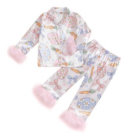 Toddler Baby Girl Easter Satin Pajamas Set Fuzzy Trim Button Down Sleep Shirt Bunny Pant Bottom Sleepwear Loungewear (Pink 3, 4-5 Years)