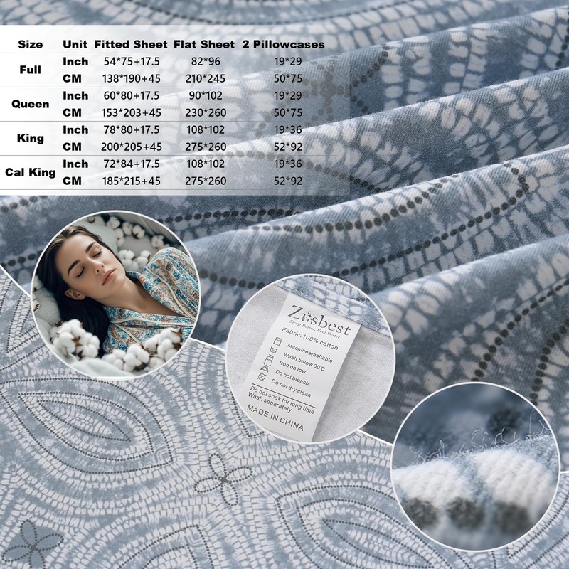 Zusbest Queen Sheet Set 100% Percale Cotton Grey Printed Bed