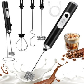 ZAKASEA Agitador de Leche 6 en 1 con Base de Soporte, Espumador Eléctrico Recargable, Espumador de leche, con 3 Cabezales de Acero Inoxidable y 3 Velocidades, para Espuma de Leche,Capuchino (Negro)