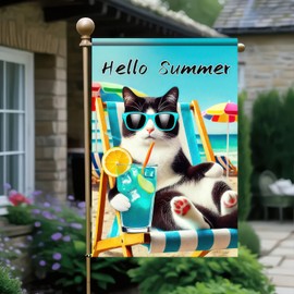 BlissYard Hello Summer Cat Garden Flag Beach Tuxedo Cat Garden Flag 12×18 Inch Double Sided Vertical Summer Coastal Seasonal Farmhouse Tropical Ocean Yard Flag Outdoor Decoration