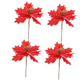 Kisangel 4pcs Artificial Poinsettia Christmas Flowers Xmas Tree Decorations Red Glitter Holiday Ornaments for Wreaths Party Favors