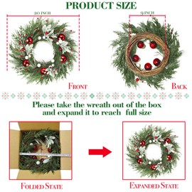 20 Inch Christmas Wreaths for Front Door with Long Pine Needles Aspen Fir&Norfolk Pine Tips Lambs Ear Cypress Leaves Red White Xmas Balls Red Berries 30 LEDs Warm White Lighted Christmas Wreath Decor