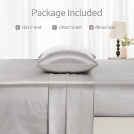 Cibhlea Satin Sheets Twin Size - Luxurious 3-Piece Silky Soft and Cooling Bed Sheet Set with Deep Pocket Fitted Sheet, Flat Sheet, and Pillowcase (Light Gray,Twin)