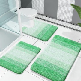 OLANLY Bathroom Rugs Sets 3 Piece, Soft Absorbent Microfiber Bath Mats and U-Shaped Contour Toilet Rug, Non-Slip, Home Decor Accessories, Plush Shaggy Bath Mat Set for Bathroom, Green
