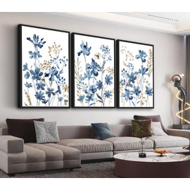 Large Framed Floral Wall Art - Watercolor Blue Iris Flower Wall Decor 16"x24" Set of 3 Elegant Wildflower Painting Prints Rustic Botanical Canvas Pictures for Living Room Bedroom Bathroom Artwork