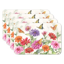 CounterArt Zinnias & Butterflies 4 Pack Reversible Easy Care Flexible Plastic Placemats Made in The USA BPA Free Easily Wipes Clean