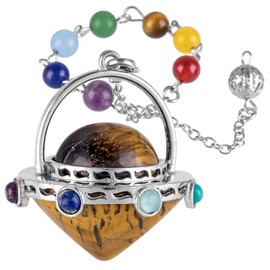 mookaitedecor Crystal Point Tapered 7 Chakra Stone Pendant with Chain for Radiesthesia and Fortune Telling Tiger's Eye