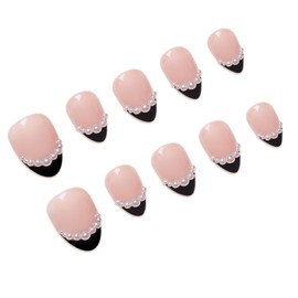 Black French Tip Press On Nails Short Almond Shaped with 3D Pearl Design,MOKAYIMO Handmade Acrylic Reusable Press On Nail Kit with All Tools for Girls Women 45-Day Wear,Salon Quality,10 Pcs,Size M