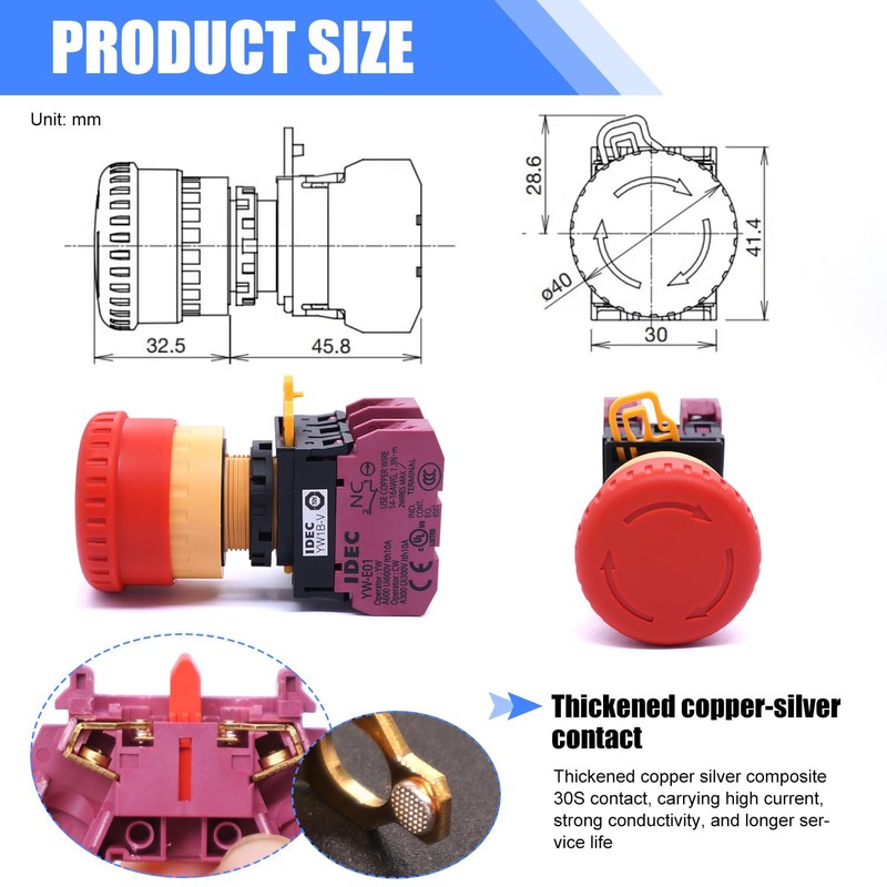 Taiss 22 mm Emergency Stop 2NC Red Mushroom Locking Emergency