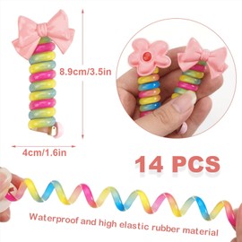 14PCS Rainbow Telephone Cord Hair Bands for Women, Colorful Bowknot Hair Ties, Flower Spiral Hair Ties, Phone Wire Hair Bands, Topsy Tail Hair Tool hair ties for Women, Braided Hair Accessories
