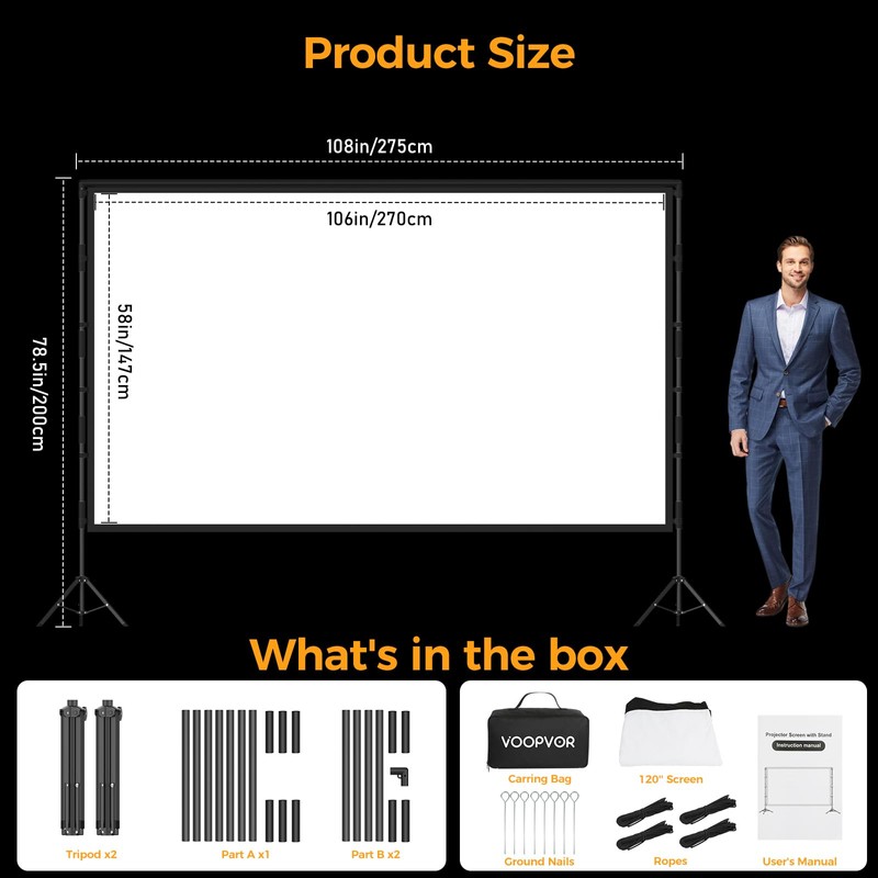 Outdoor Projector Screen with Stand: VOOPVOR 120 inch Portable Projector