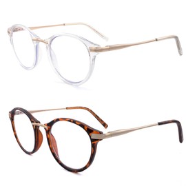 SOPHILY Round Reading Glasses Women Men Circle Readers Blue Light Blocker +2.00, Brown Tortoiseshell/Clear