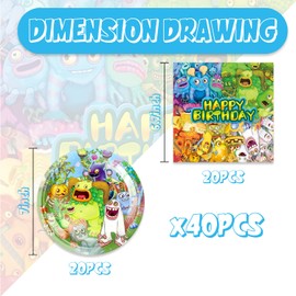 40pcs Singing Monsters Party Supplies include 20 plates, 20 napkins for Singing Monsters birthday party decoration
