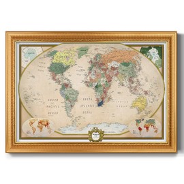 Renditions Gallery Colorful World Map Canvas Wall Art with Vintage Gold Frame Wall Hanging Travel Map with Push Pins for Home, Office, Classroom