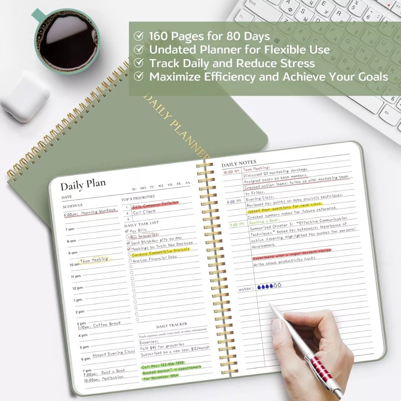 ZOTIA Aesthetic Daily Planner Notebook With Hourly Schedule, Spiral To