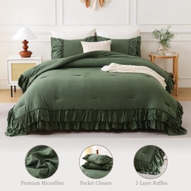 Herside Olive Green Ruffle Comforter Set King Size,Shabby Chic Boho Bedding Sets, Soft Fluffy Comforters Sets for All Season,Vintage Ruffled 3 Pcs Microfiber Lightweight Quilt Set for Women Girls