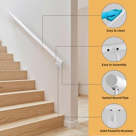 Purife 4 FT Heavy Duty White Metal Stairs Railing Indoor, Wall Mount Pipe Stair Handrail - Hand Rails for Indoor & Outdoor Steps, Banister Deck Porch Patio Railing, Wall Grab Bars for Seniors