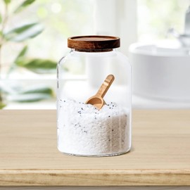 Varku 2000 ml Glass Tea Canister with Wooden Lid, Air-Tight Salt and Sugar Storage Container, Includes Beech Wood Short Spoon, Durable and Heat-Resistant, Ideal for Home Use