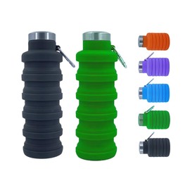 Ummigi Collapsible Water Bottles，17oz Large capacity Silicone Water Bottle with Carabiner，Reusable Foldable Lightweight Sports Water Bottle for Travel Gym Camping Hiking (Black + Green)