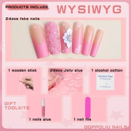 QQPPOLIU Fake Figernails Extra Long Nails French Tip Pink Press on Nails Long Square with Flower and Rhinestones and Glitter Designs Artificial Nails Coffin Nails for Girls 24pcs