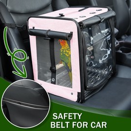 Suertree Bird Carrier with Seat Belt for Car Travel, Bird Backpack Carrier with Indestructible Stainless Steel Mesh, Large Bird Carrier Travel Cage, Pink
