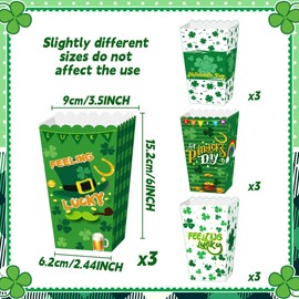Roaring Good Time 12 PCS St Patricks Day Party Popcorn Boxes Treat Favor Bags Irish Shamrock Party Decoration Supplies for Photography Green Dress up Favors Accessories