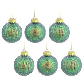 Iridescent Green Blue Gold Rainbow Glitter Christmas Tree Baubles - Set of 6
