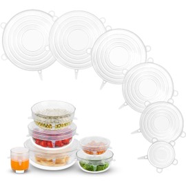 Tapas elásticas de silicona, reutilizables, sin desperdicio, para recipientes de alimentos, 6 piezas, color blanco, para sobrantes de comida, cuencos de frutas, ollas, tazas, tarros, platos