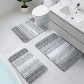 Kmson 3 Pcs Ombre Chenille Bathroom Rugs Set, Non-Slip Ultra Soft Washable Shaggy Bath Rugs for Bathtub, Thick Water Absorbent Microfiber Shower Mat Grey
