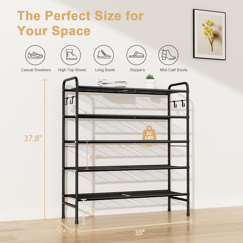 VILICK 5 Tier Shoe Rack 33" Wide Metal Shoe Organizer