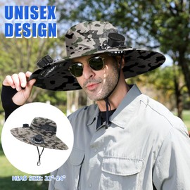 Outdoor Fishing Hat with 2 Solar Fan Breathable Wide Brim Sun Hat for Men Women, UPF 50+ Bucket Beach Hat (US, Numeric, 1, Camouflage Color)