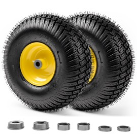 Hsupawa 2PCS 15x6.00-6 Lawn Mower Tires, 4 Ply Tubeless 15x6-6 Front Tire Assembly Replacement for Craftsman/John Deere/Cub Cadet Riding Mowers, 3" Offset Hub with 3/4" or 5/8" Bushings