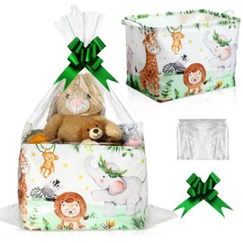 Colingmill Safari Animal Gift Baskets with Cellophane Bag and Bow Collapsible Nursery Storage Bins Animal Gift Baskets for Shower Pregnancy Announcement Newborn Parents Gift