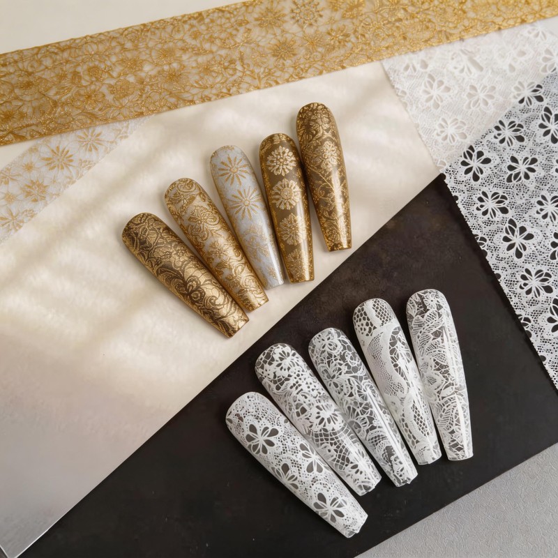 White & Gold Lace Nail Foil Sheets, 10 Rolls Nail