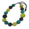 Avalaya Blue/Olive/Teal Geometric Round Wooden Bead Necklace with Adjustable Black
