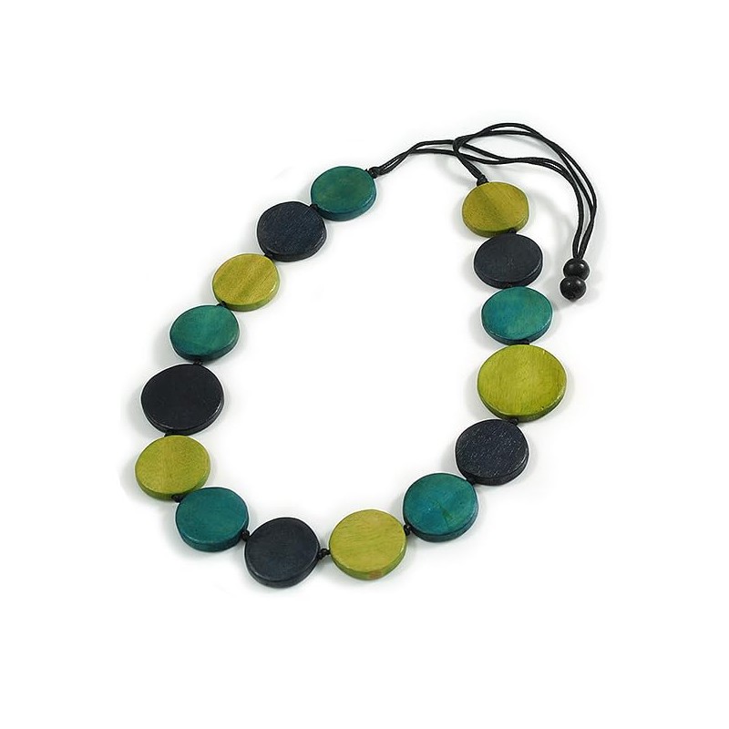 Avalaya Blue/Olive/Teal Geometric Round Wooden Bead Necklace with Adjustable Black