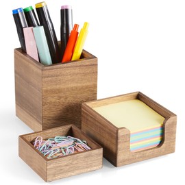 CMLKLZD Desk Organizer Set of 3 - Acacia Wood Office Desk Accessories - Desk Organizers and Accessories for Women Men - Set incl. Pencil Pen Holder, Paperclip Storage and Sticky Note Holder