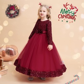 Girls Dresses, Little Juniors Girl Long Bridesmaid Christmas Flower Lace Wedding Fall Winter Dress A Line Princess Pageant Dresses for Kids Photoshoot Easter Dance Gowns Dark Red & Flower 13-14 Years