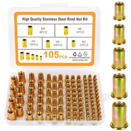 JYNB Metric Rivet Nut Assortment Kit, 105Pcs stainless Steel SAE Rivet Nut, M3 M4 M5 M6 M8 UNC Flat Head Rivnut Set, Threaded Insertion Nut Sets for Automotive, Mechanical and Other Equipment