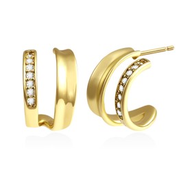 14K Gold Plated Double Hoop Earrings for Women - Open Cuff Stud Earrings for One Hole, Hypoallergenic Sleeper Huggie Earrings, Elegant Jewellery Gift