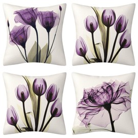 DILOXNSU Cushion Cover 45 x 45 cm, Set of 4, Purple Tulip Cushion Covers, Art Flower, Decorative Cushion, Modern Sofa Cushion, Linen Cushion Cover, Decorative Cushion, Aesthetic Couch Cushion for