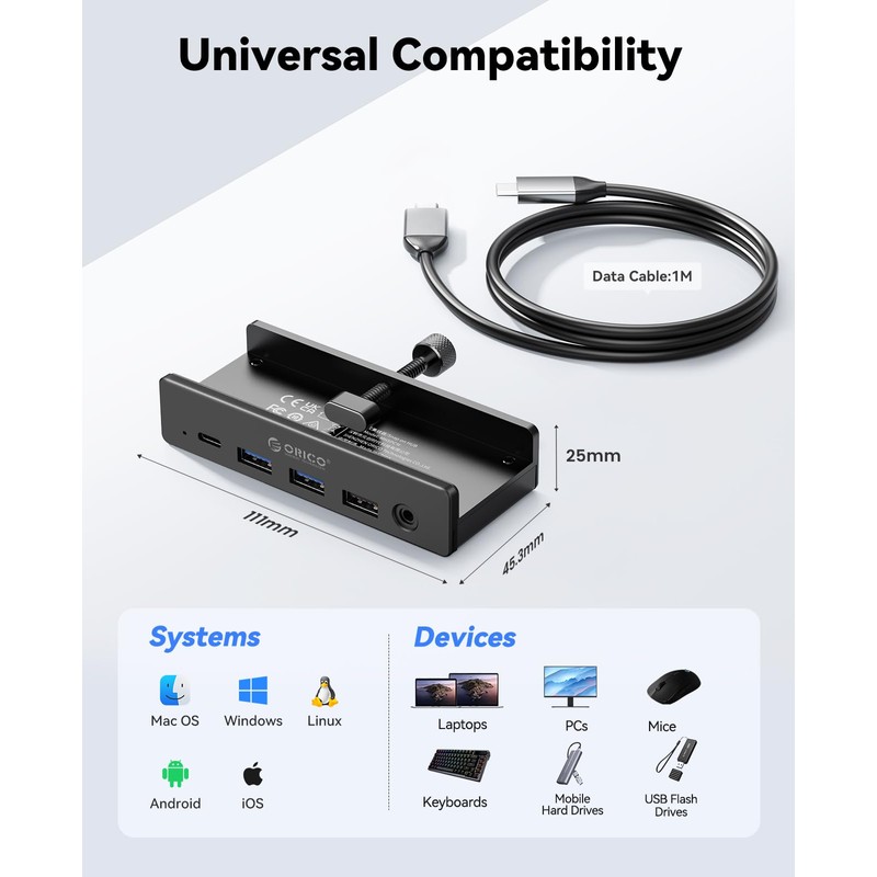 ORICO Clip Docking Station, 8-in-1 Clamp USB C Hub with