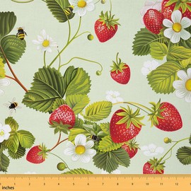 Feelyou Strawberry Upholstery Fabric by The Yard, Kawaii Strawberry Reupholstery Fabric for Chairs,Cute Strawberry Print Botanical Leaf Natural Theme Decorative Waterproof Outdoor Fabric, 1 Yard