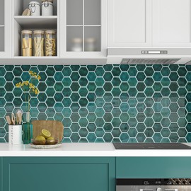 VEELIKE 6 Sheets Green Hexagon Peel and Stick Backsplash for Kitchen Marble Backsplash Tiles 12''x12'' Back Splashes Stick on Tiles Waterproof Self Adhesive Wall Tiles for Bathroom Hallway Fireplace