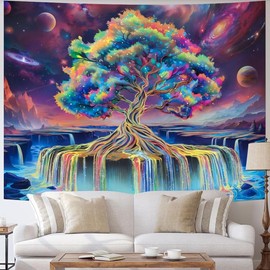 Blacklight Tree of Life Tapestry UV Reactive Waterfall Tapestry Galaxy Space Tapestry Aesthetic Tree Wall Tapestry Colorful Starry Sky Tapestry Wall Hanging for Bedroom - Color: white, Bedding Size: 60*90in